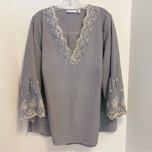 Rafaella Women's Embroidered Bell Sleeve Stripe Top Blue White Plus Size 1X